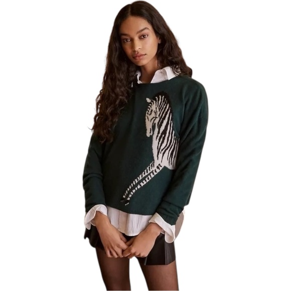 Anthropologie Sweaters - Anthropologie Maeve Cashmere Intarsia Sweater Zebra Horse Green Size Small